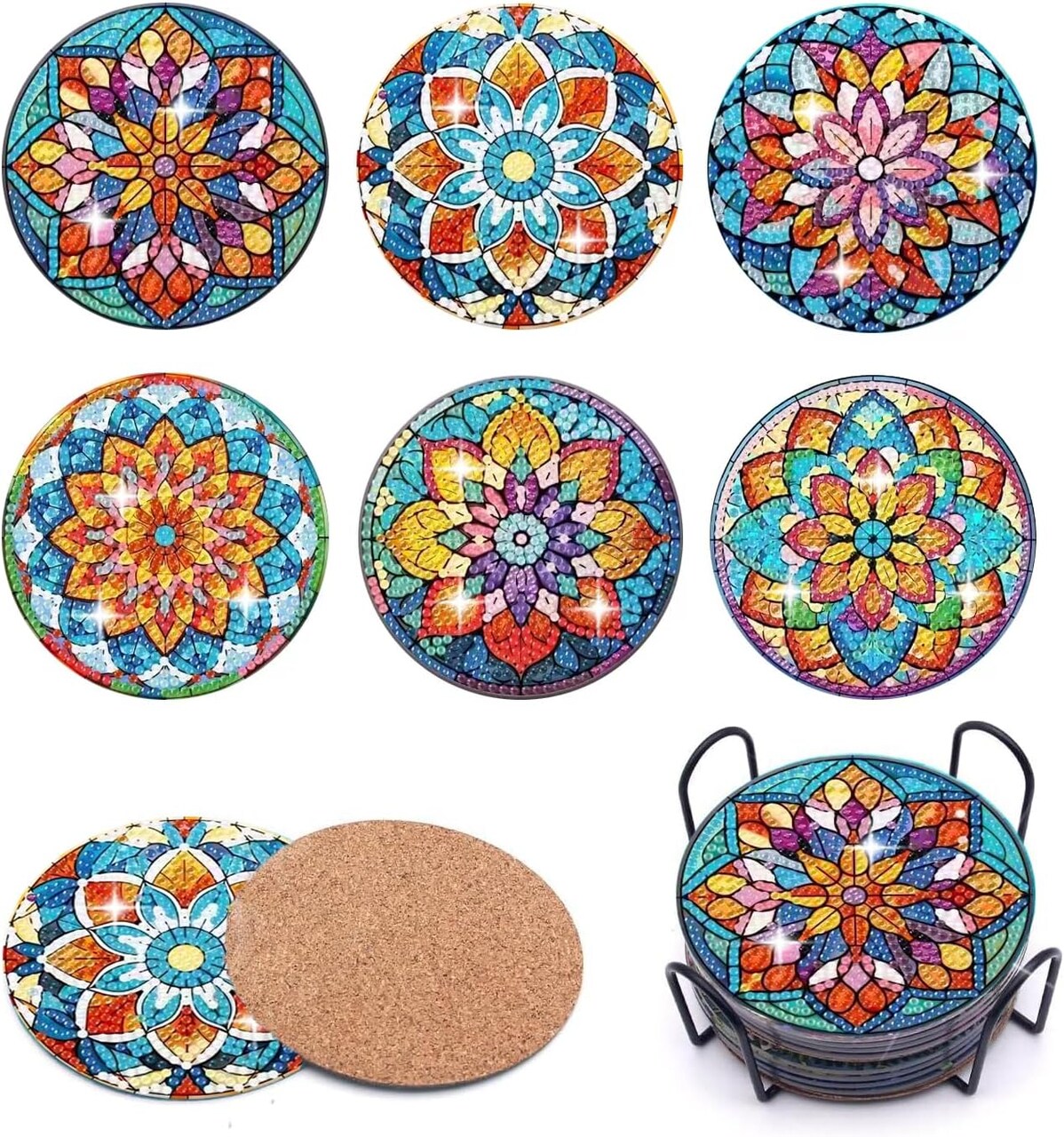 6 Pcs Mandala Diamond Art Coaster Kit with Holder – DIY Flower Diamond Painting Coasters for Adults & Beginners with Cork Pads, Rhinestone Craft Set for Home Decor